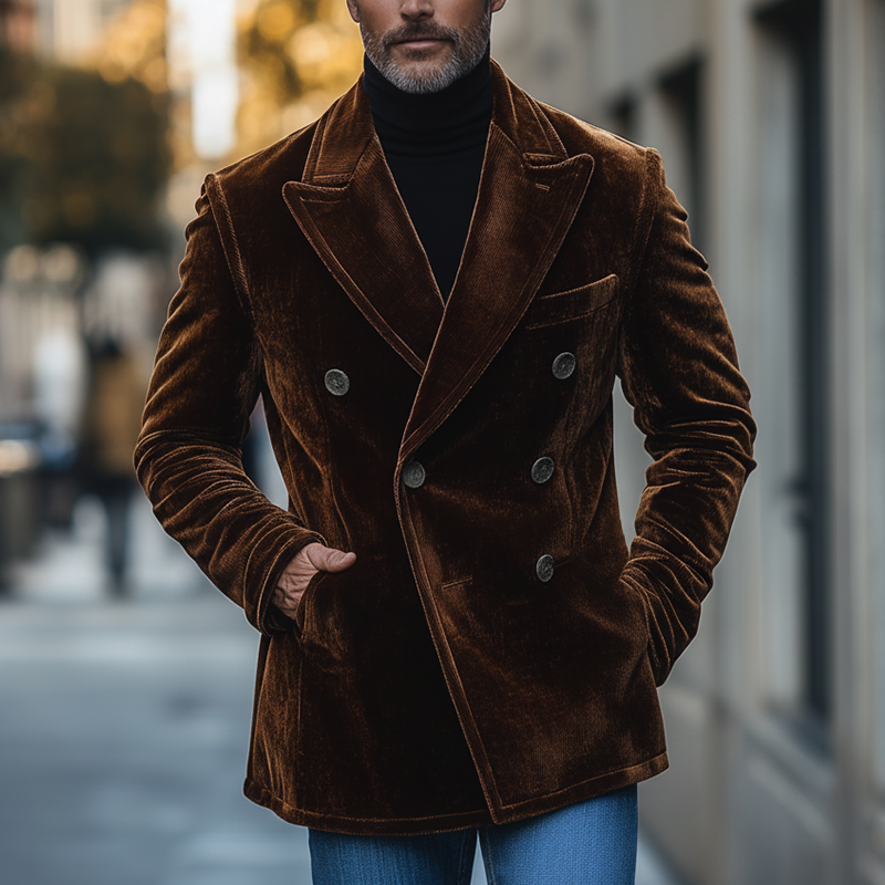 Men's Winter Retro Glossy Velvet Double-Breasted Lapel Jacket MTA0453K0P