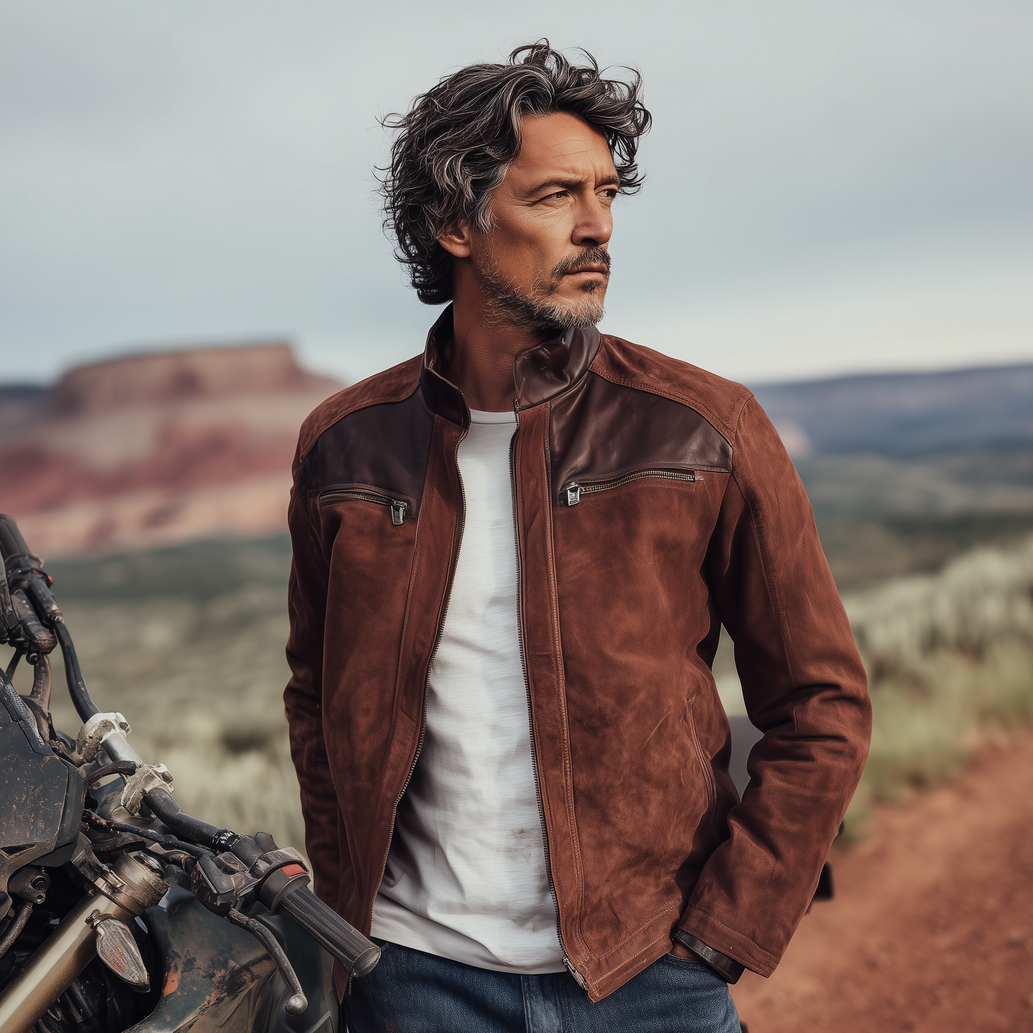 Men's Classic Western Retro Tough Style PU Leather Stand Collar Zipper Suede Jacket MTA0584I1K