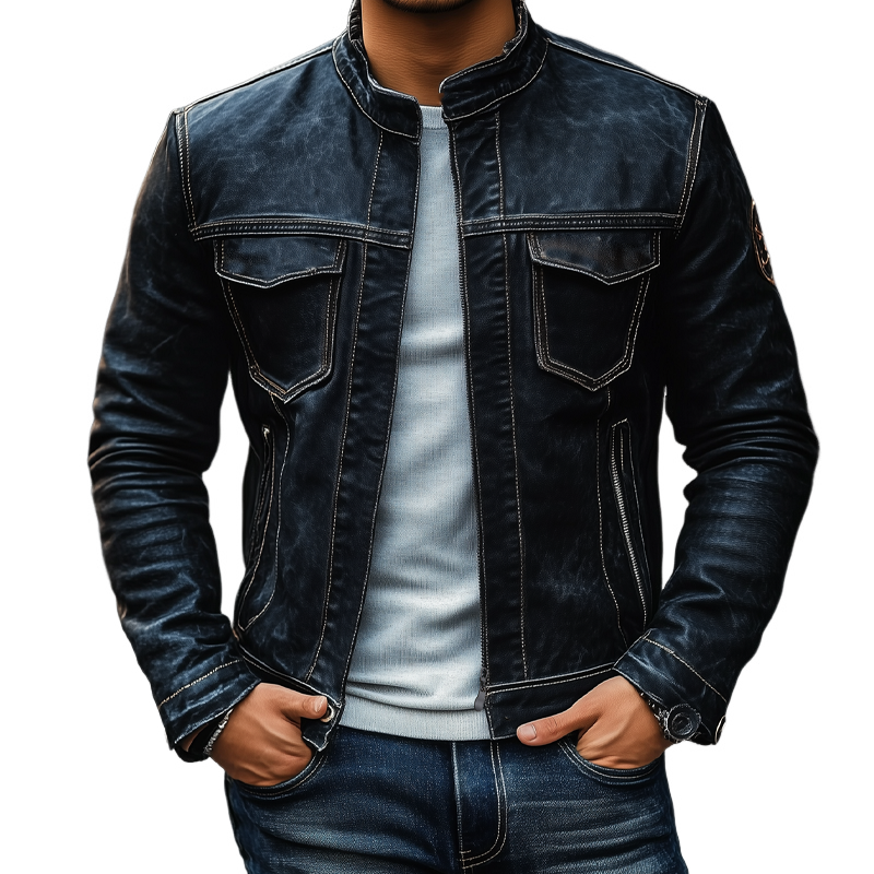 Men's Vintage Motorcycle Stand Collar Zip-Up Jacket MTA1952H9X