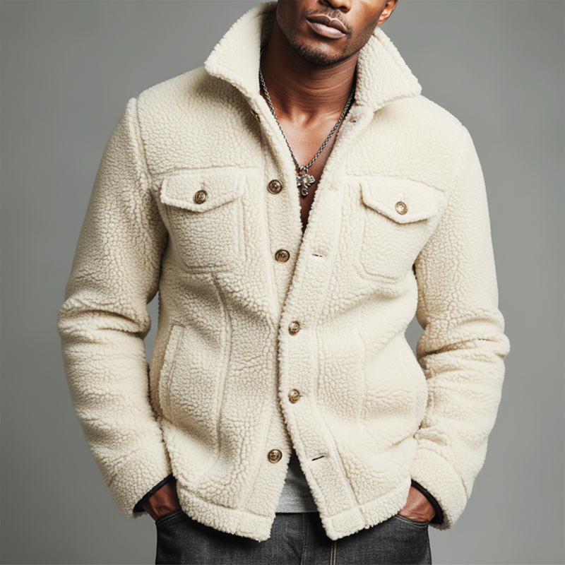 Men's Urban Style Off-white Fleece Button-up Slim-fit Jacket MTA2541K5U