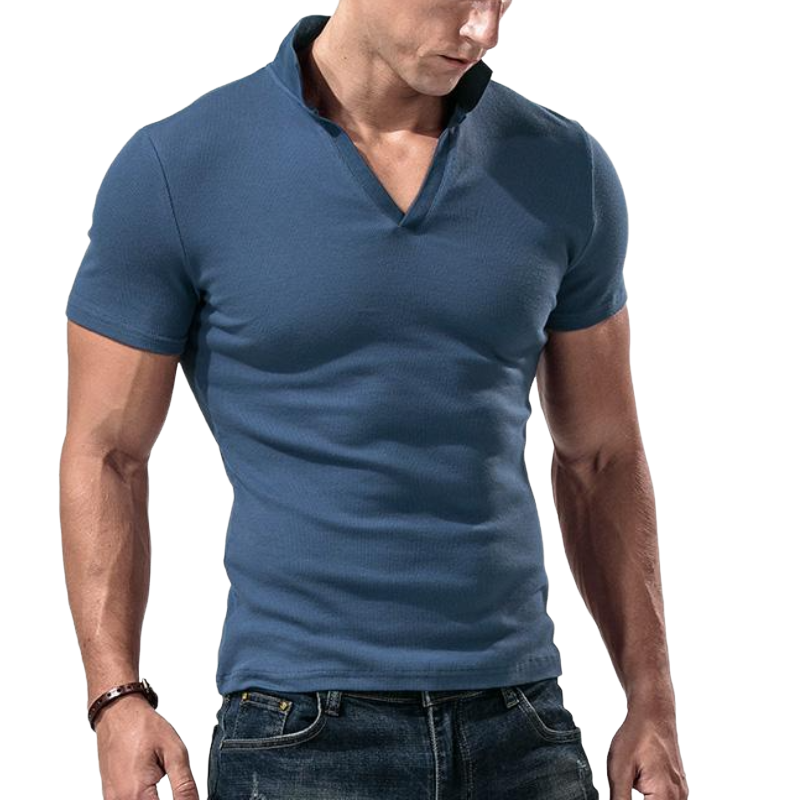 Men's Solid Color Lapel V-Neck Short-Sleeved Polo Shirt 94587381Y