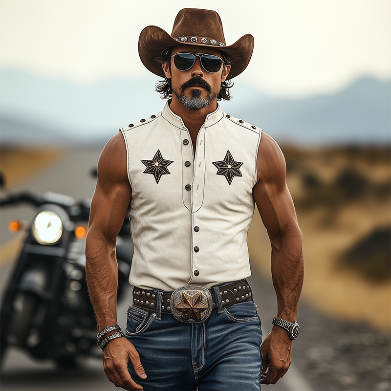 Men's Spring And Summer Fashion Retro American Western Tough Guy Style Thin Suede Decorative Rivet Slim Fit Sleeveless Shirt MTA1373F9K