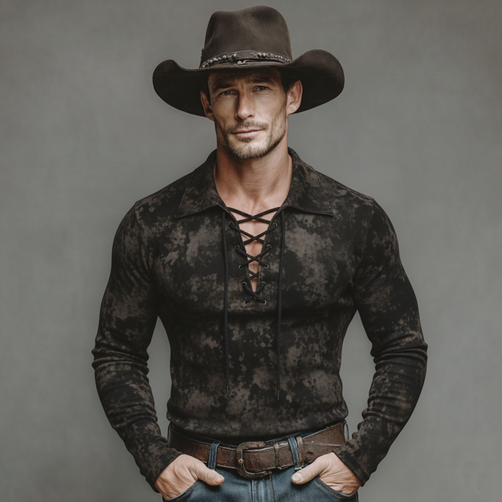 Men's Classic Casual V-Neck Tie-Waist Printed Faux Suede Slim Fit Long-Sleeve T-Shirt MTA2576K5K