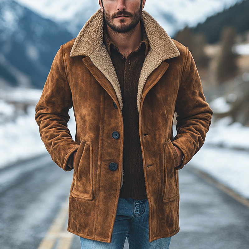 Men's Retro Faux Suede Lapel Solid Color Pocket Mid-Length Coat MTA0306K2X