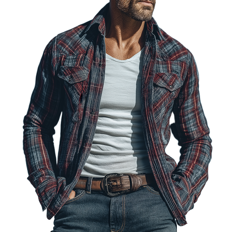 Men's Retro Casual Plaid Print Lapel Long-Sleeve Shirt MTA1176K3TO