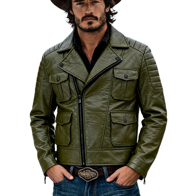 Men's Solid Color Multi-pocket Zipper Motorcycle Style PU Jacket MTA1714K4X