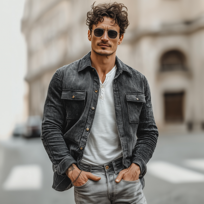 Men's Casual Chenille Fabric Lapel Flap Pocket Single Breasted Loose Long Sleeve Shirt Jacket MTA1764G9M