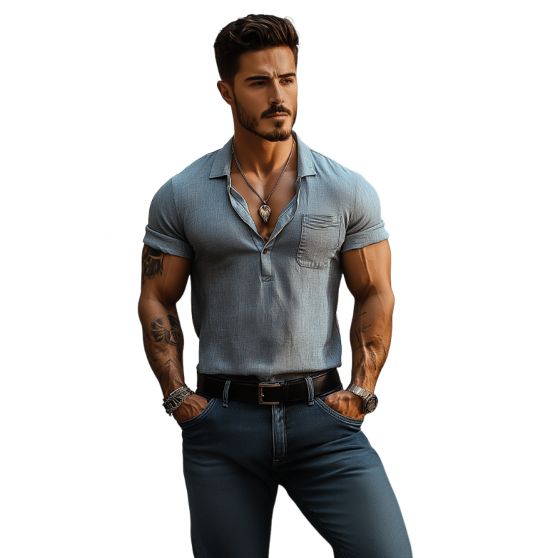 Men's Casual Breathable Cotton Linen Lapel Patch Pocket Slim Fit Short Sleeve Polo Shirt MTA1697E4M
