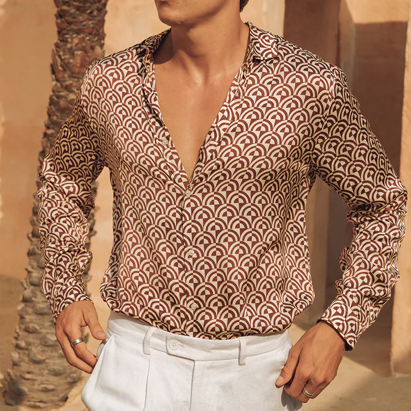 Men's Classic Retro Satin Geometric Print Long Sleeve Shirt MTA1410G9K