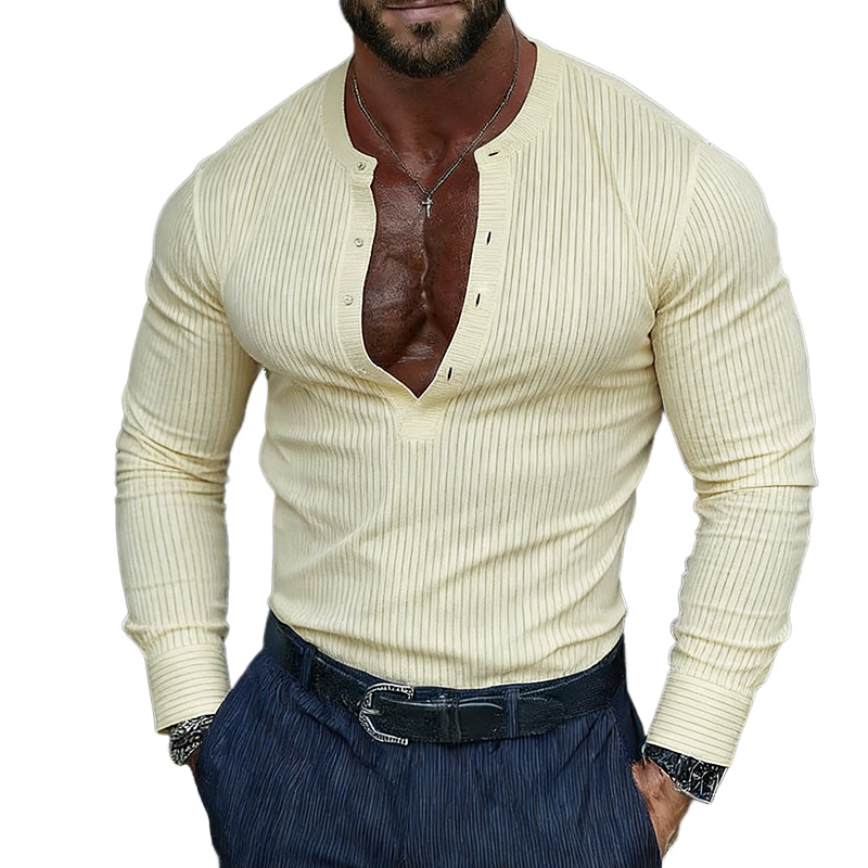 Men's Retro Casual Striped Henley Collar Long-Sleeve T-Shirt MTZ1462A6TO