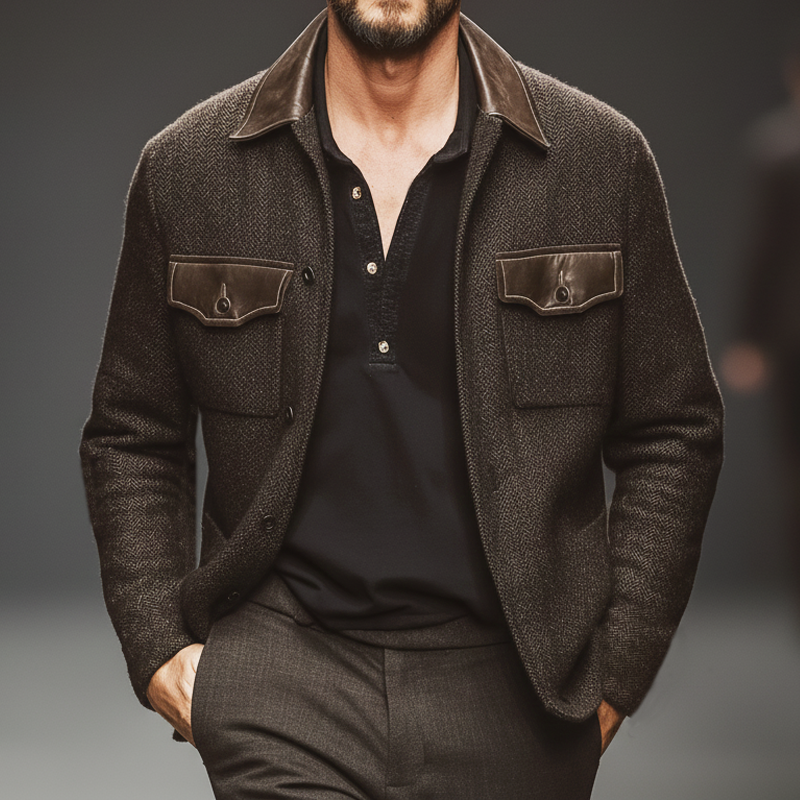 Men's Classic Herringbone Faux Wool And PU Leather Jacket MTA2392J5U