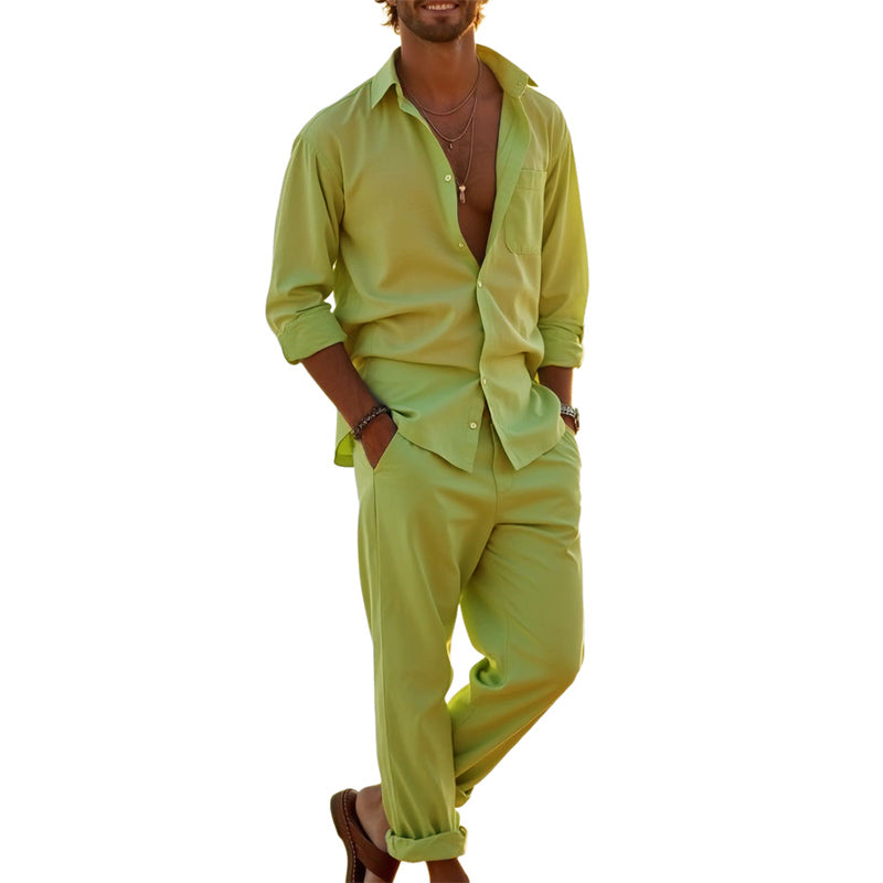 Men's Casual Solid Color Long Sleeve Shirt Pants Set MTA3018D0U