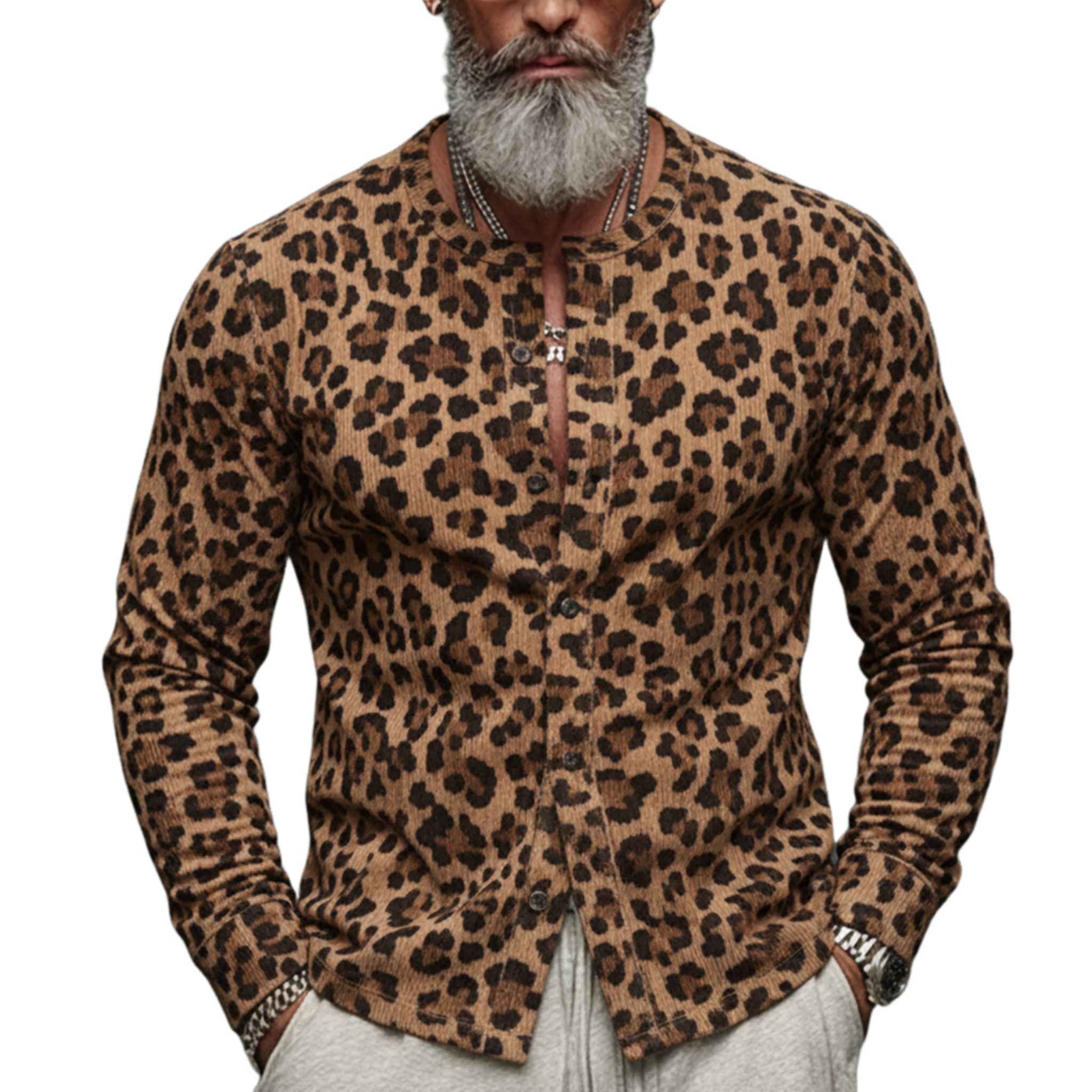 Men's Classic Vintage Leopard Print Corduroy Slim-fit Long-sleeved Shirt MTA1599L1K