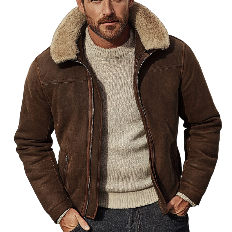 Men's Retro Lapel Faux Fur Patchwork Suede Jacket MTA1566K1X