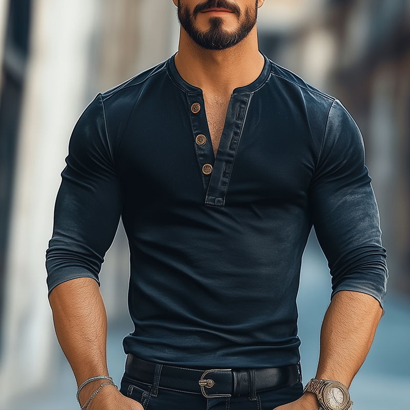 Men's Retro Casual Gradient Print Henley Neck Long Sleeve T-Shirt MTA3025F7TO