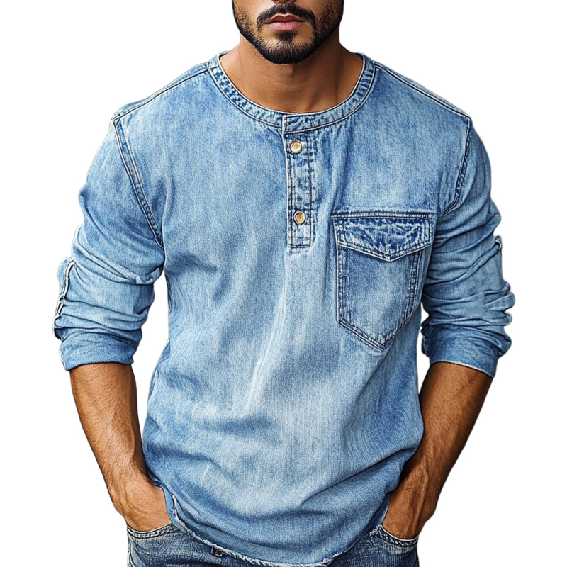 Men's Crew Neck Vintage Distressed Long Sleeve Denim Sweatshirt MTA2259G2X