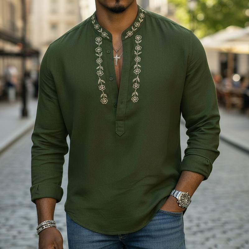 Men's Spring Retro Embroidered 100% Cotton Long-Sleeve Henley Shirt MTZ2241A8P