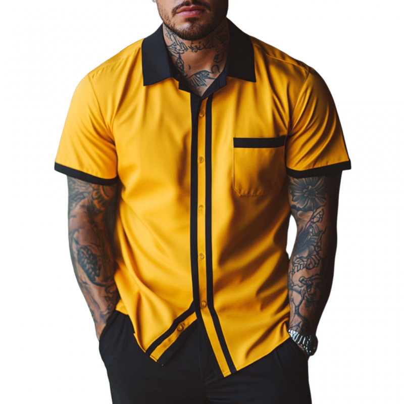 Men's Fashion Chiffon Colorblock Lapel Patch Pocket Loose Short-sleeved Shirt MTA2797E2M