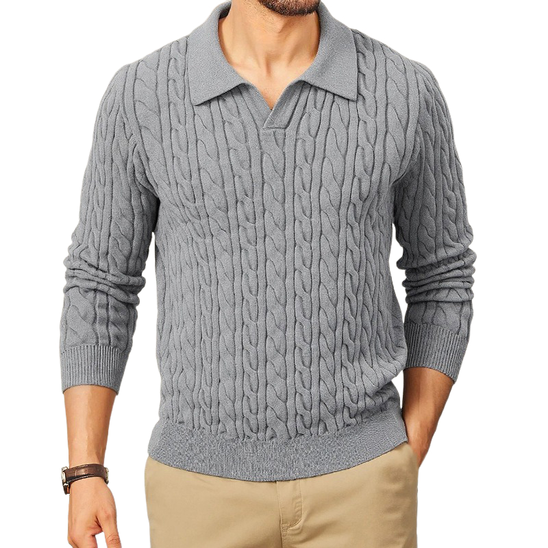 Men's Solid Color Slim-Fit Cable Textured POLO Neck Sweater MTA1373H6X