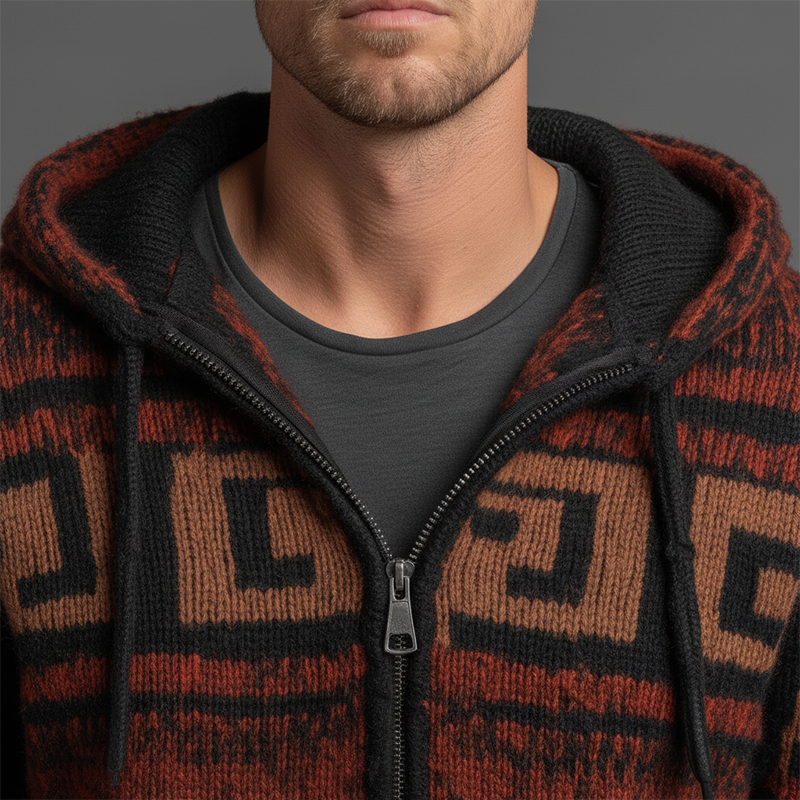 Men's Winter Retro Contrast Color Knitted Jacquard Cotton Yarn Hooded Cardigan MTA2346J1P