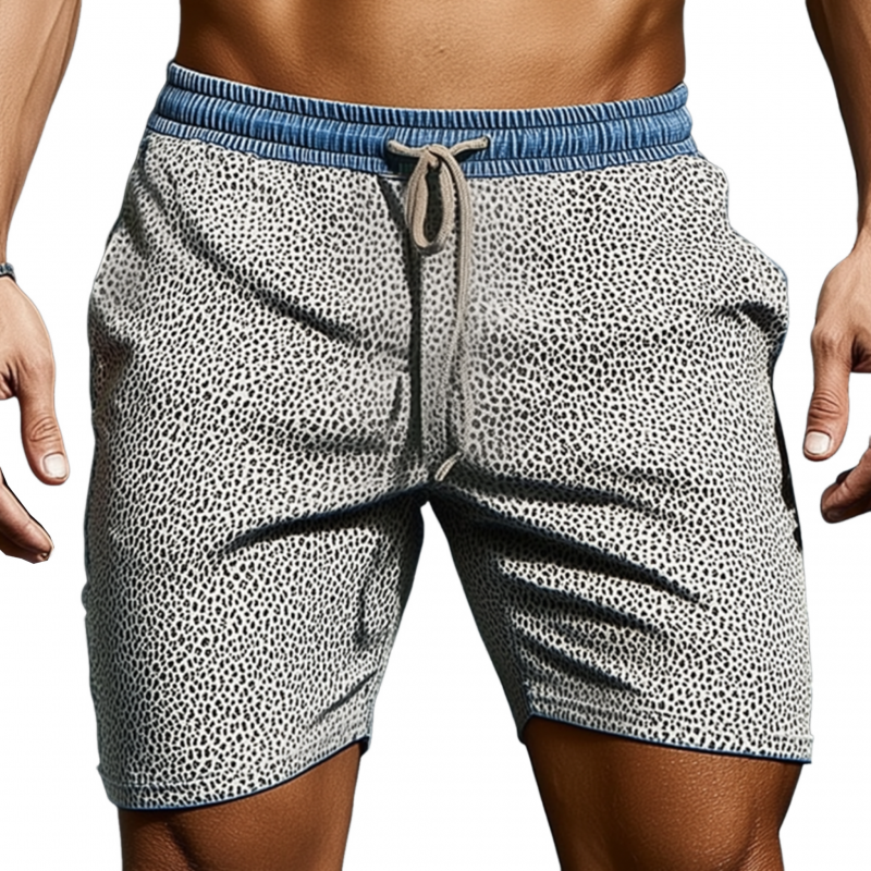 Men's Casual Cotton Leopard And Denim Patchwork Elastic Waist Drawstring Shorts MTA2566F7M
