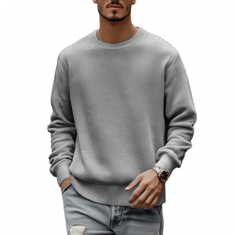 Men's Casual Breathable Solid Color Round Neck Loose Long Sleeve Knitted Sweater MTA3154G7M
