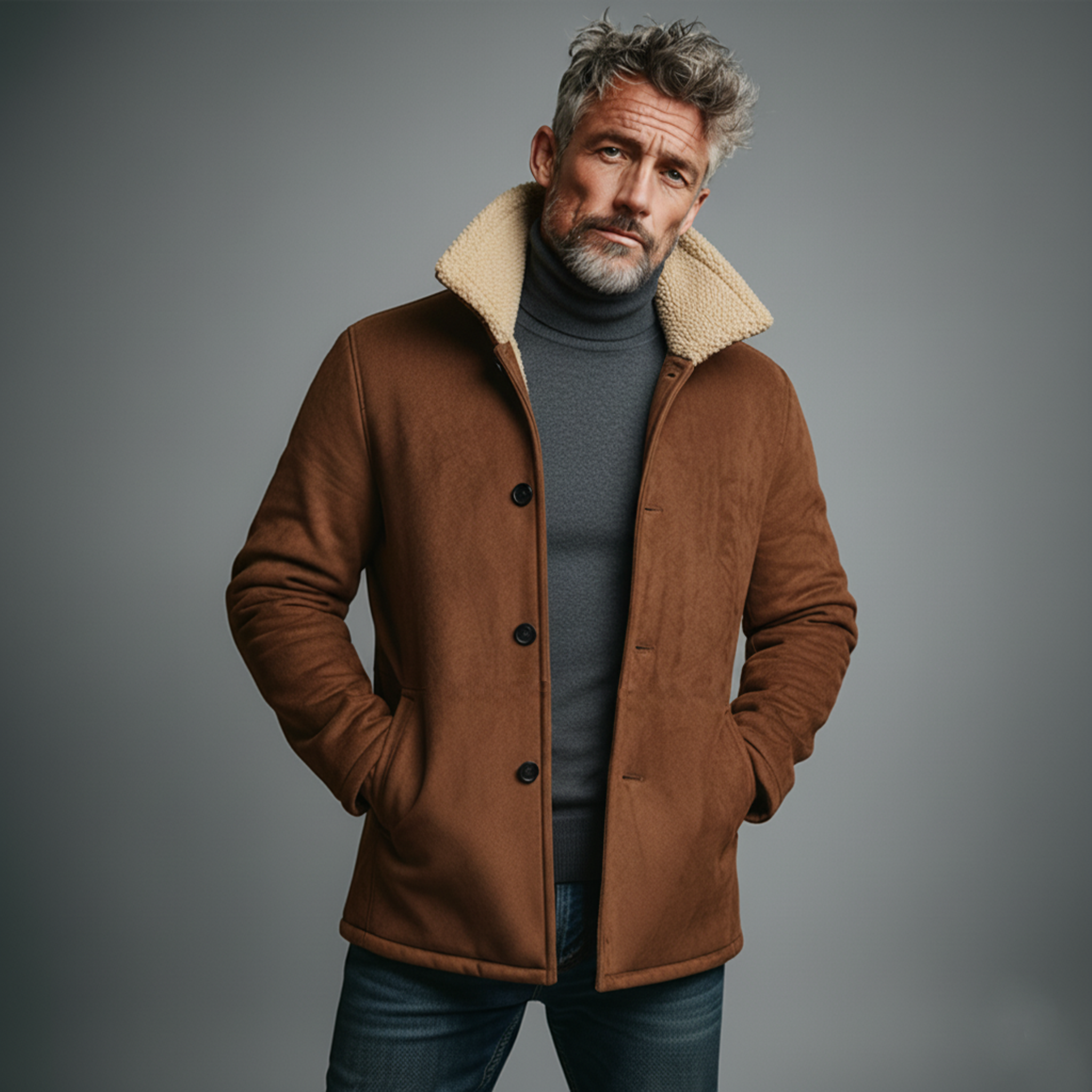 Men's Classic Light Business Fleece Lined And Stand Collar Faux Suede Jacket MTA0320K7K