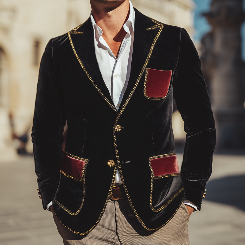 Men's Retro Colorblock Velvet Two-Button Blazer MTA0509I1U