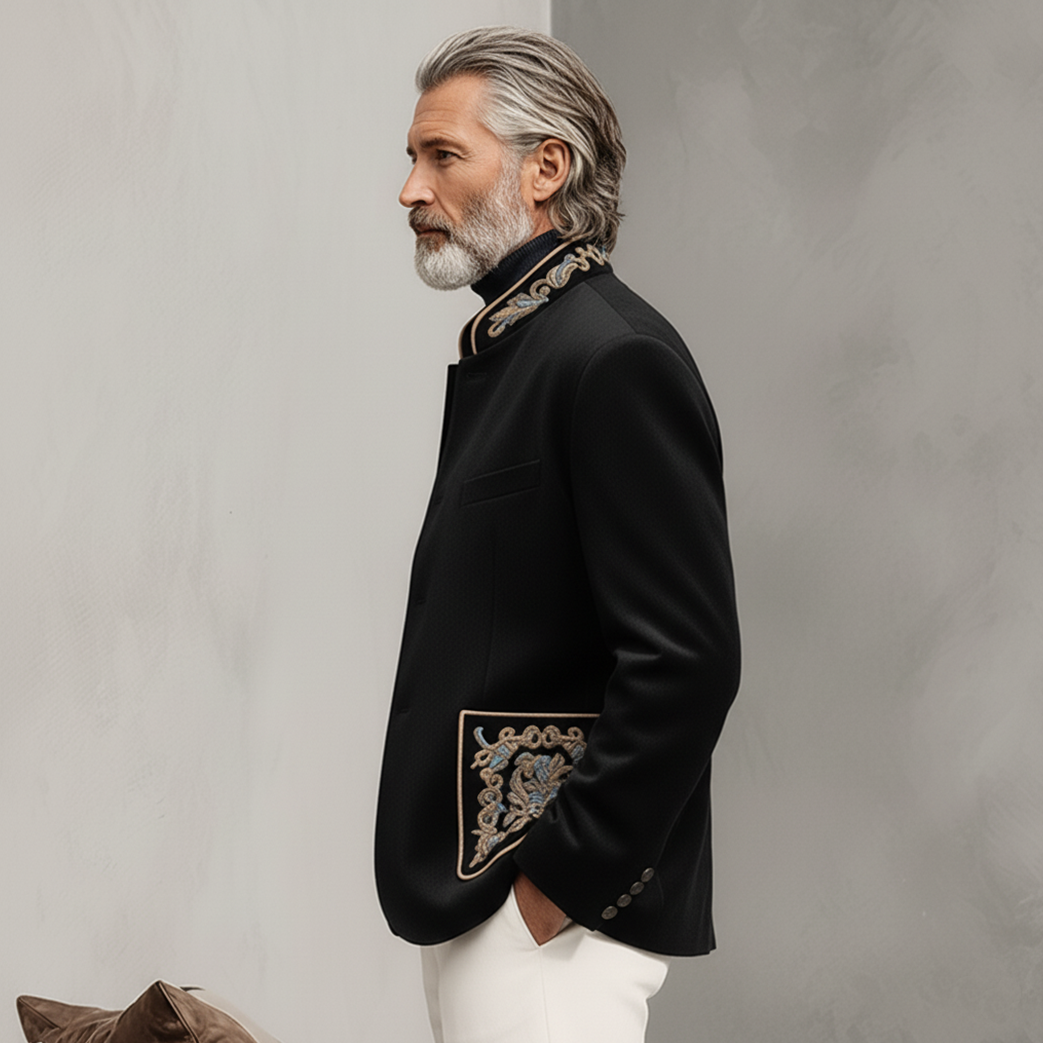 Men's Classic Retro Stand-up Collar And Embroidered Pocket Faux Velvet Single-breasted Jacket MTA0661K9K