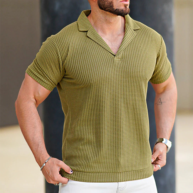 Men's Waffle Fabric Solid Color Short Sleeve POLO Shirt MTA1604F9X