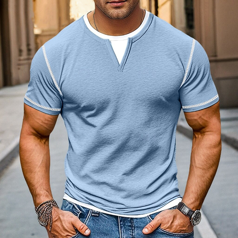 Men's Contrast Color V-Neck Cotton Blend Short Sleeve T-Shirt MTA1932G9X