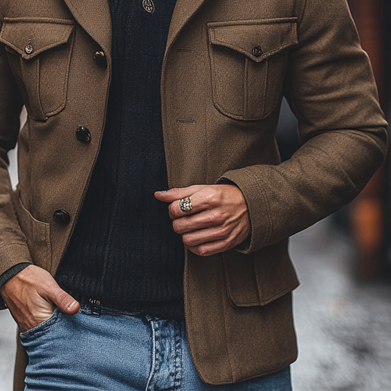 Men's Solid Color Faux Wool Blend Lapel Multi-Pocket Jacket MTA2816I5X