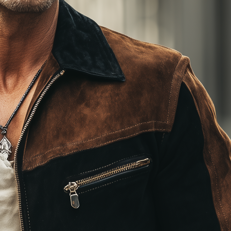 Men's Spring And Autumn Retro Colorblock Suede Zipper Jacket MTA2560H9U