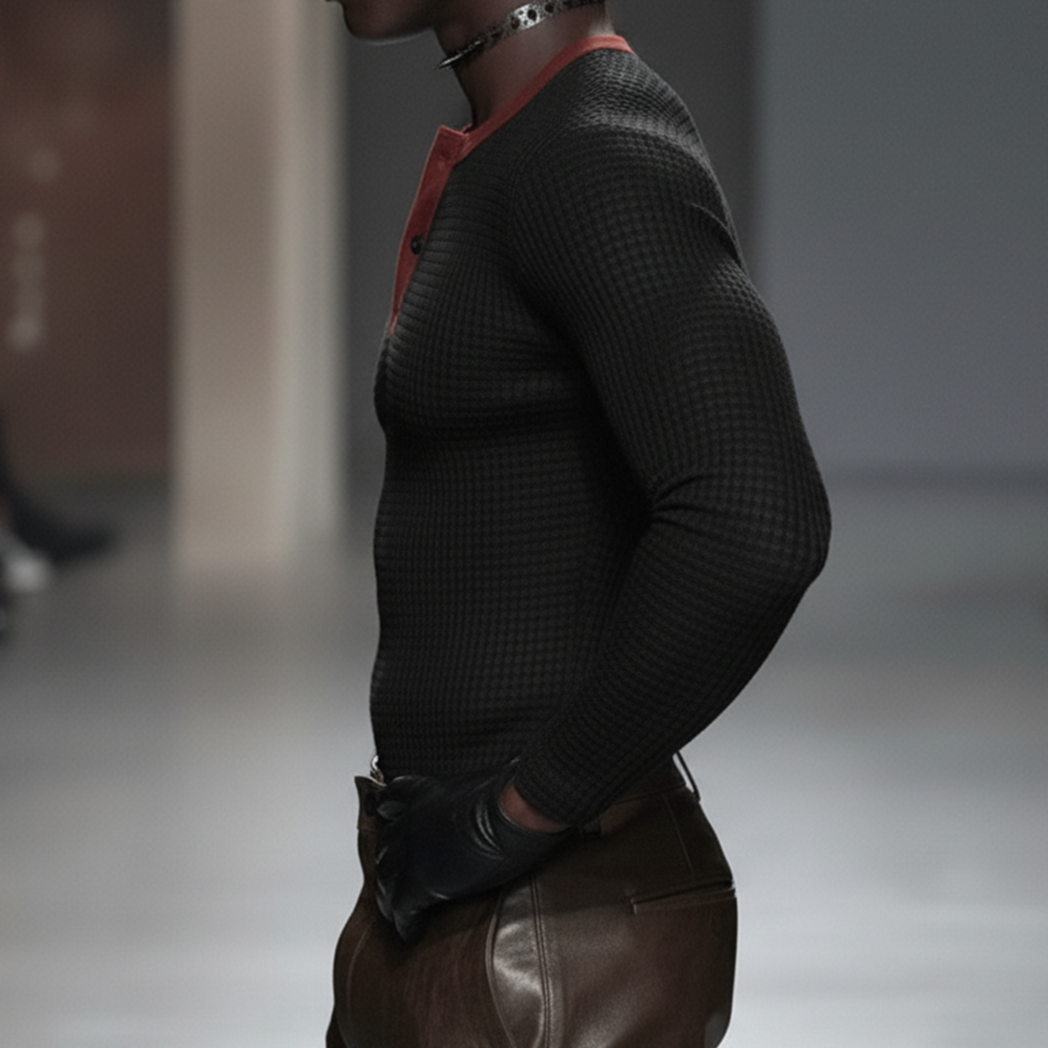 Men's Classic Casual Faux SUede Fabric Henley Neck Patchwork Waffle Knit Slim-fit Long-sleeved T-shirt MTA0832L4K