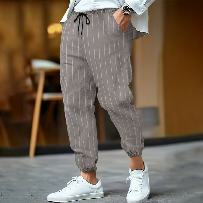 Men's Casual Breathable Cotton Linen Striped Elastic Waist Loose Cuff Pants MTA0758G3M