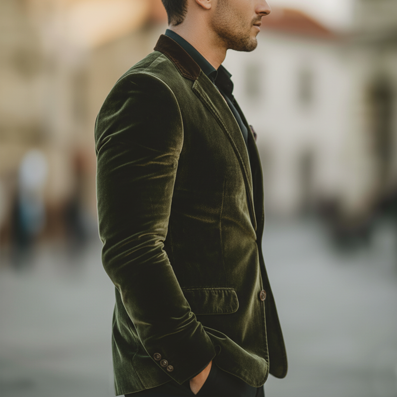 Men's Business Velvet Two-Button Single Vent Color-Block Collar Blazer MTZ0423A9U