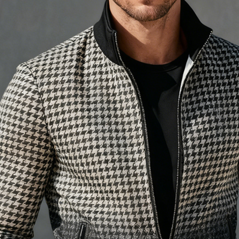Men's Retro Casual Houndstooth Gradient Print Zip-Up Jacket MTA2491K9TO
