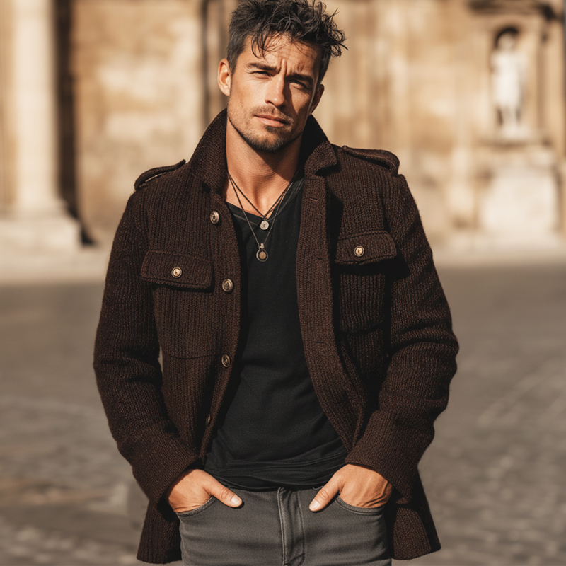 Men's Urban Chocolate-Colored Knitted Short Coat MTA1765K7U