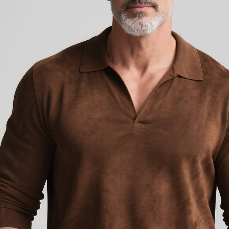 Men's Solid Faux Suede Lapel Long Sleeve Polo Shirt MTA2875G6Z