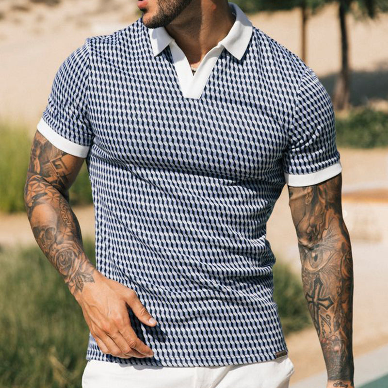 Men's Retro Casual Geometric Print Lapel Short Sleeve Polo Shirt MTA2719E9TO