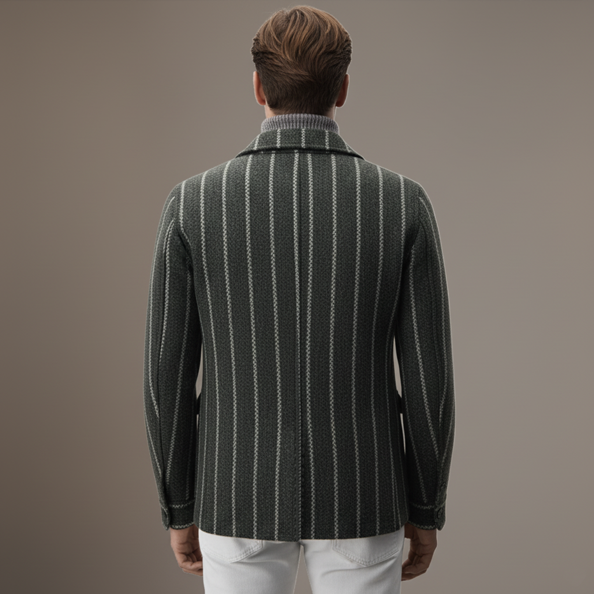 Men's Classic Retro Vertical Striped Faux Woolen Multi-pocket Jacket MTA2491I0K