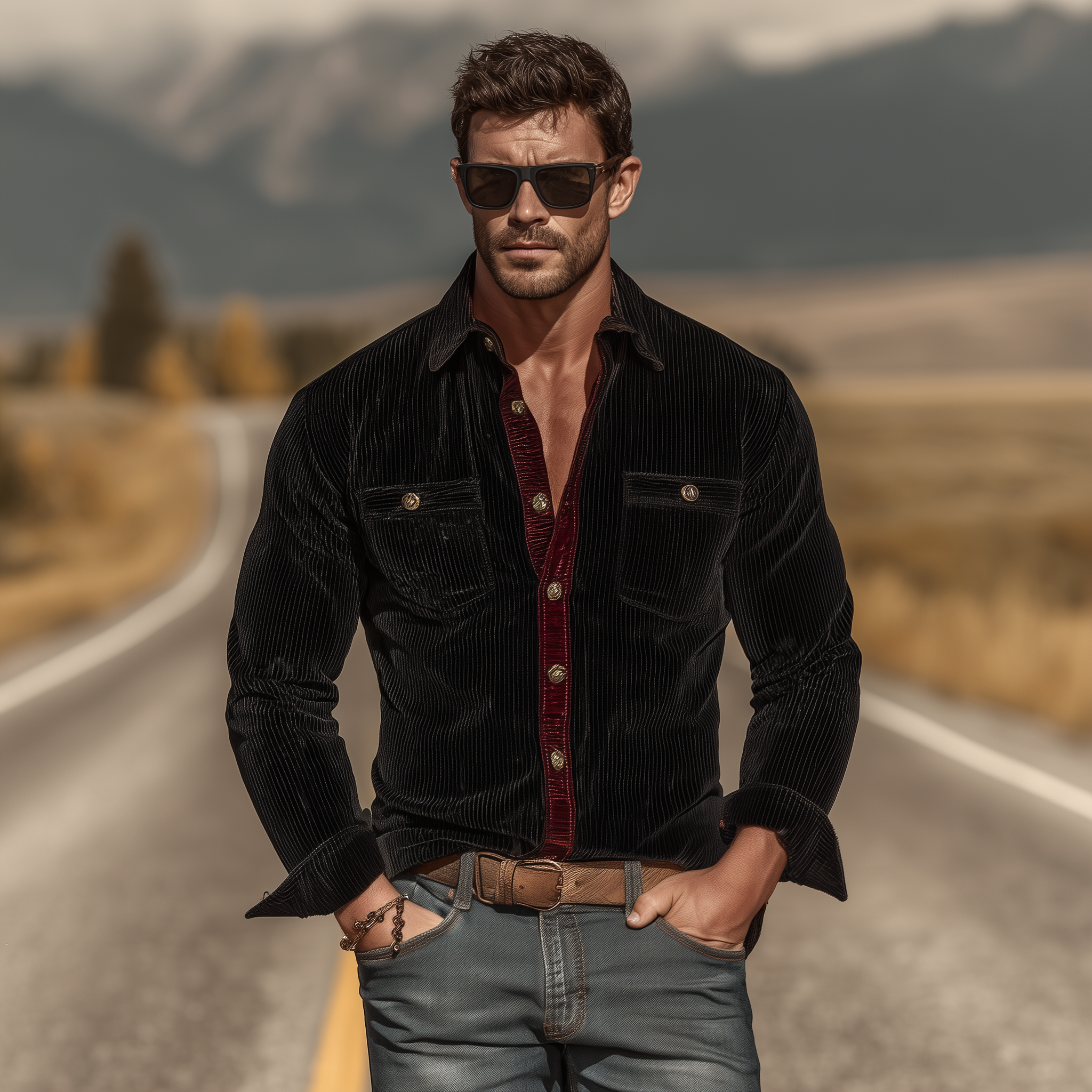 Men's Classic Vintage Velvet Ribbed Textured Slim-fit Long-sleeved Shirt MTA2971L2K