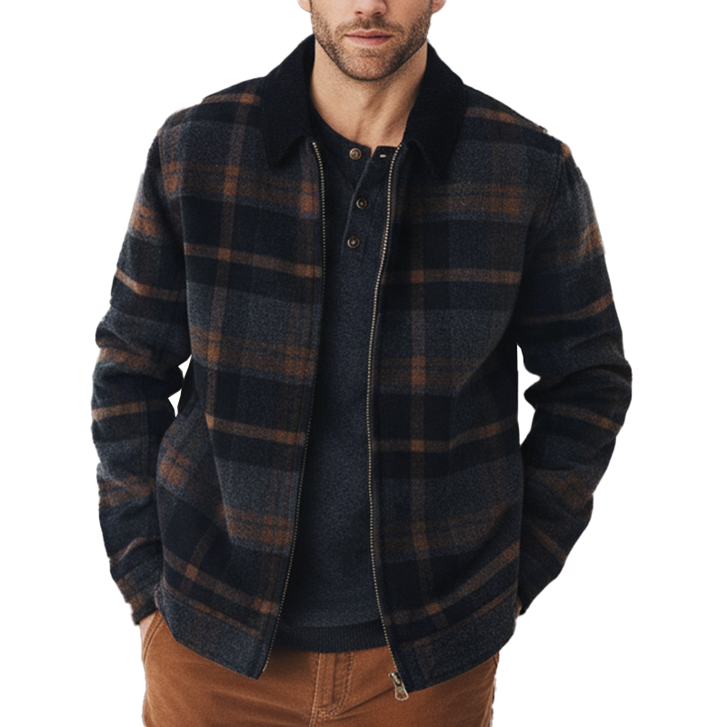 Men's Winter Retro Color-blocked Plaid Faux Wool Zip-up Jacket MTA1804K0P