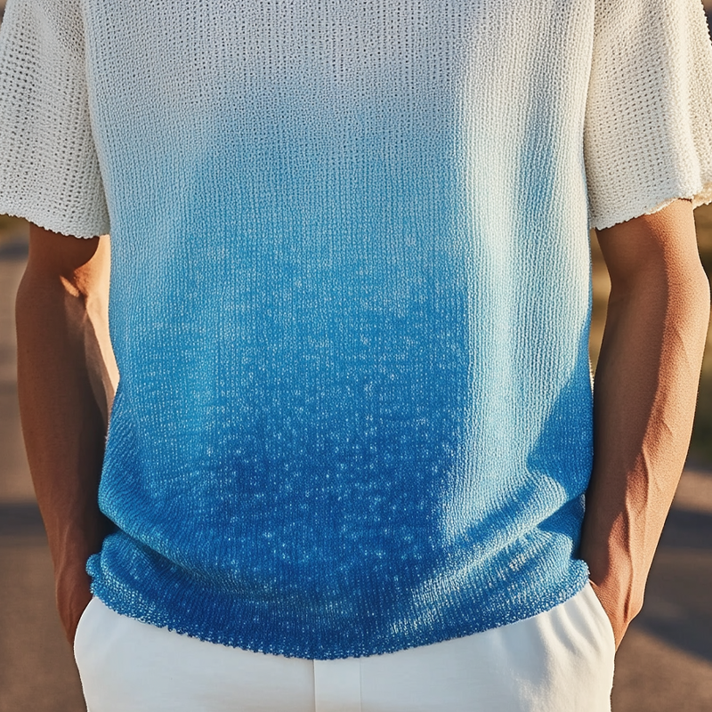 Men's Spring And Summer Fashion Casual Knitted Gradient Hanging Dye Round Neck Short-sleeved T-shirt MTA3043F7K