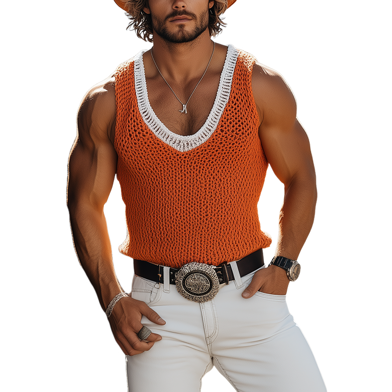 Men's Spring And Summer Fashion Casual Western Style Contrast Stitching Knitted U-neck Slim Tank Top MTA1446E7K