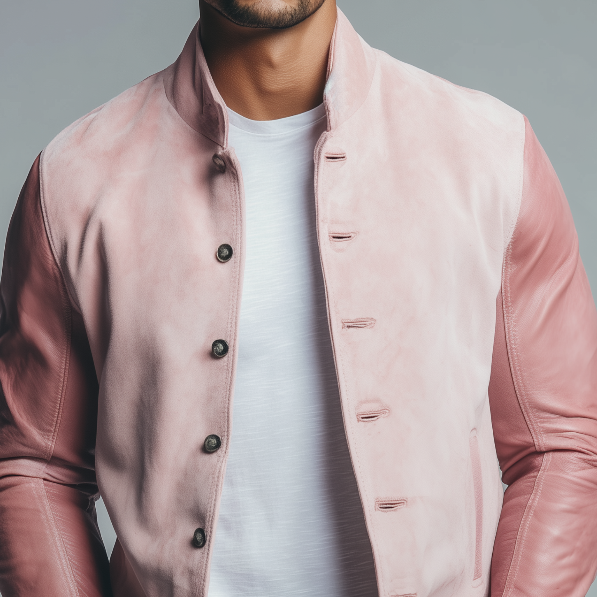 Men's Classic Casual Sleeves Stitching PU Leather Pink Suede Stand Collar Jacket MTA0696H2K