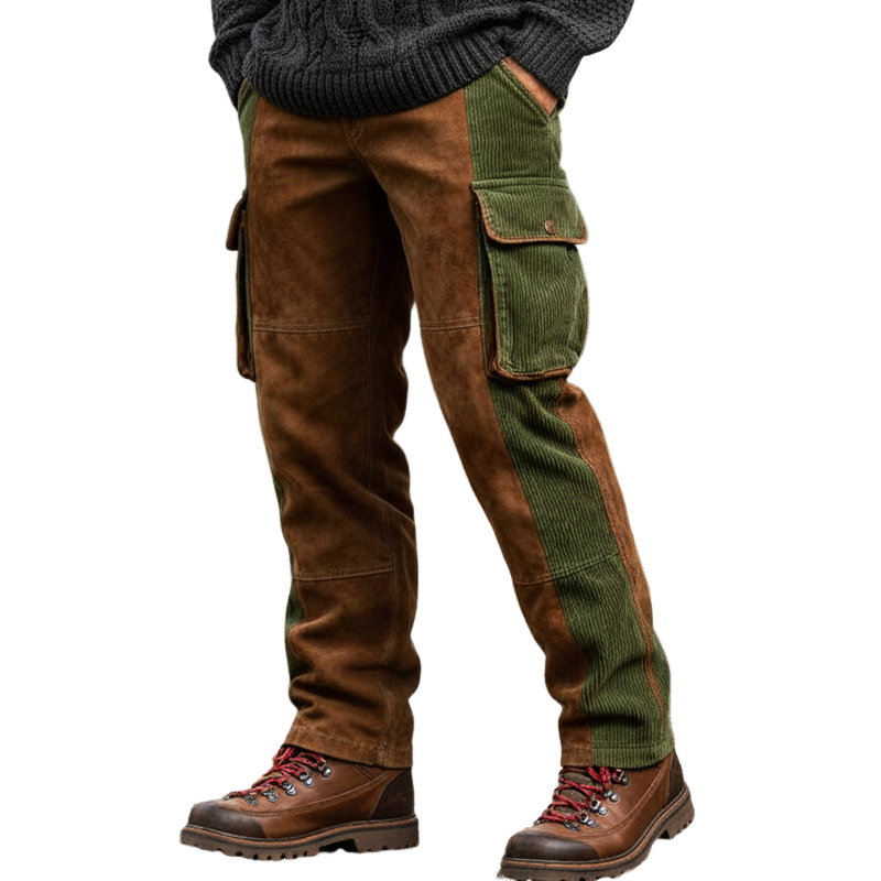 Men's Retro Suede And Corduroy Color-blocked Straight-leg Trousers MTA1034K6U