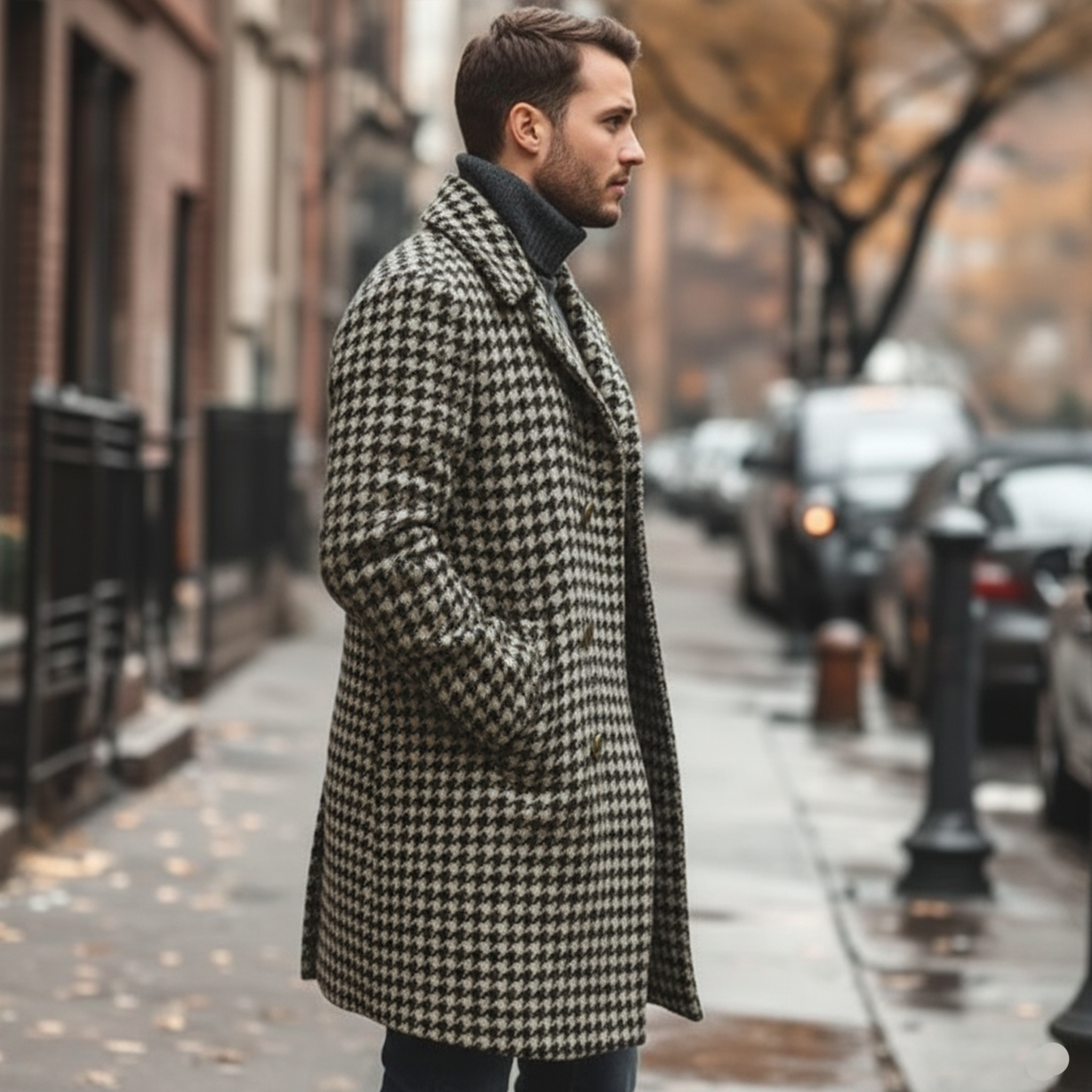 Men's Classic Retro Lapel Double-breasted Houndstooth Faux Wool Thigh-length Jacket MTA2479I0K