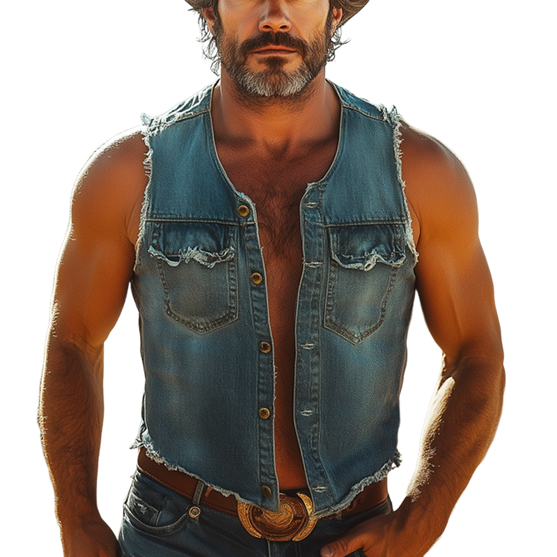 Men's Summer Western Cowboy Style Brushed Denim Vest MTA0616F9U