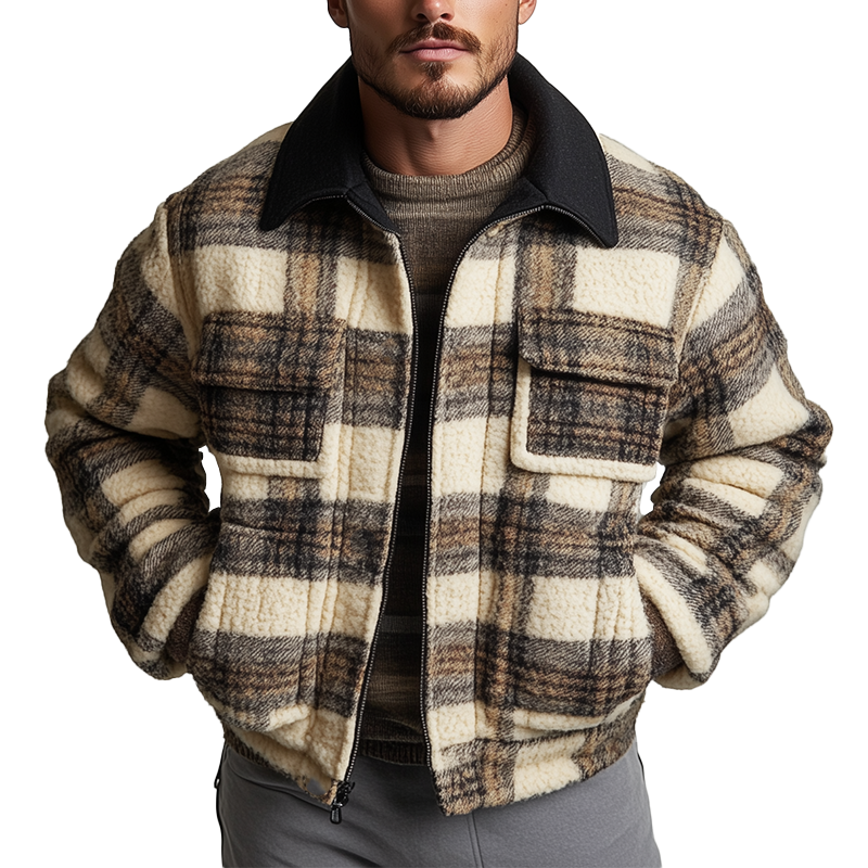 Men's Winter Retro Plaid Print Fleece Collar Jacket MTA1790K2P